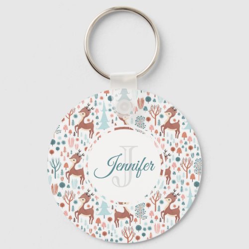  Cute Deer in Whimsical Forest Pattern Monogram Keychain