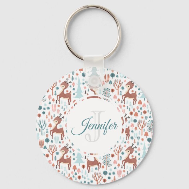 Cute Deer in Whimsical Forest Pattern Monogram Keychain (Front)