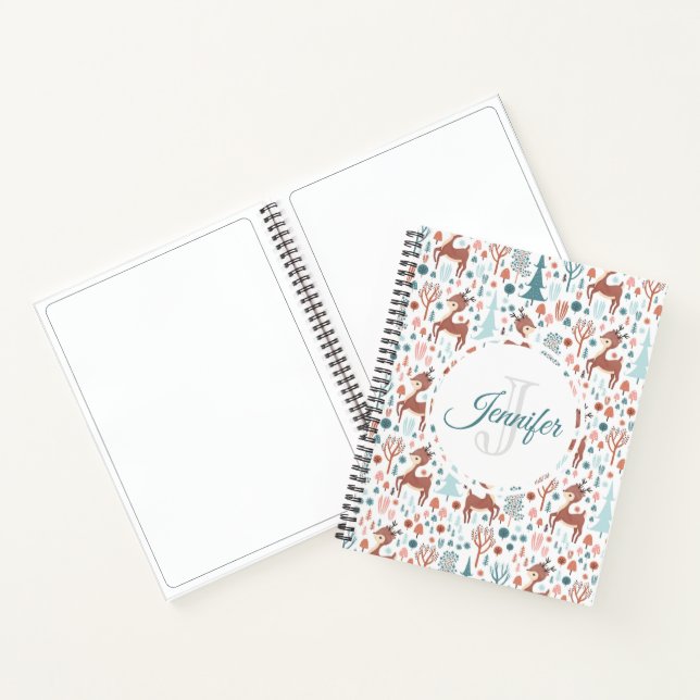 Cute Deer in Whimsical Forest Pattern Monogram Notebook (Inside)