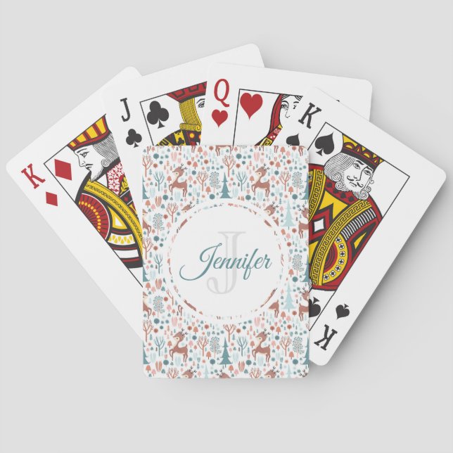 Cute Deer in Whimsical Forest Pattern Monogram Poker Cards (Back)