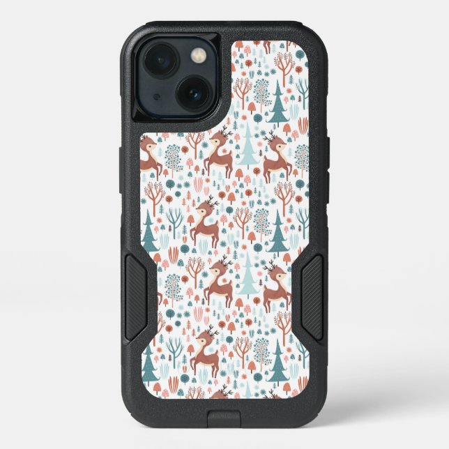 Cute Deer in Whimsical Forest Pattern Otterbox iPhone Case (Back)