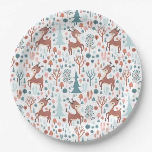 Cute Deer in Whimsical Forest Pattern Paper Plates