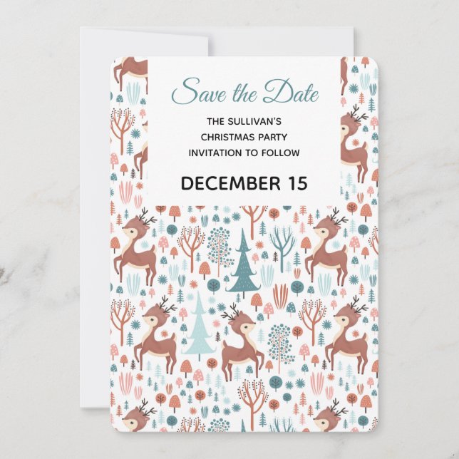 Cute Deer in Whimsical Forest Pattern Save The Date (Front)