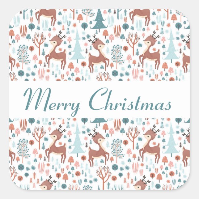  Cute Deer in Whimsical Forest Pattern Square Sticker (Front)