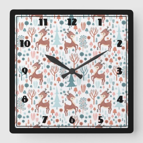 Cute Deer in Whimsical Forest Pattern Square Wall Clock
