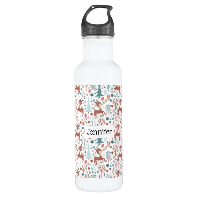 Cute Deer in Whimsical Forest Pattern Stainless Steel Water Bottle (Front)