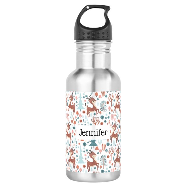Cute Deer in Whimsical Forest Pattern Stainless Steel Water Bottle (Front)