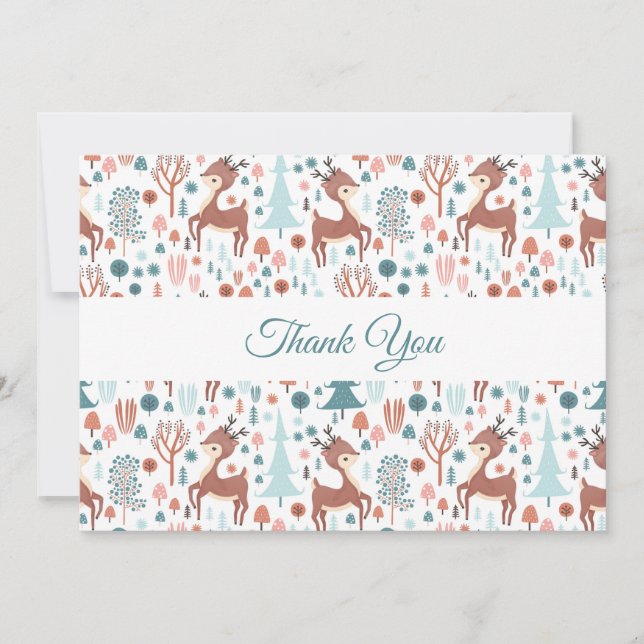 Cute Deer in Whimsical Forest Pattern Thank You Card (Front)