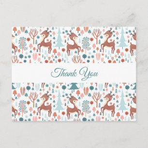 Cute Deer in Whimsical Forest Pattern Thank You Postcard
