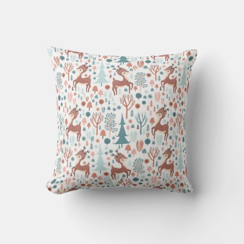 Cute Deer in Whimsical Forest Pattern Throw Pillow