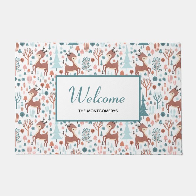 Cute Deer in Whimsical Forest Pattern Welcome Doormat (Front)