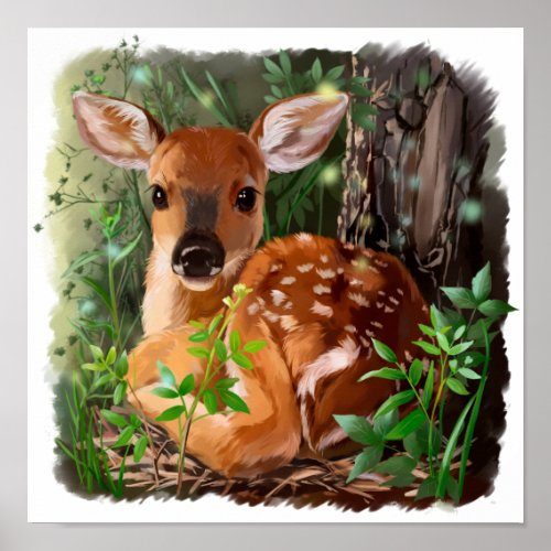 Cute deer lies in the grass poster