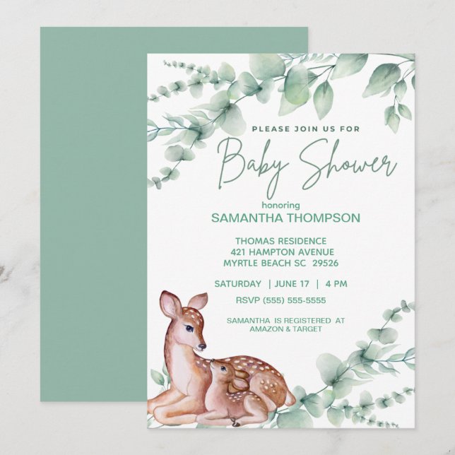   Cute Deer Mom Fawn  Greenery  Boys Baby Shower  Invitation (Front/Back)