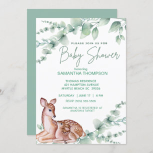 Cute Deer Mom Fawn Greenery Boys Baby Shower Invitation
