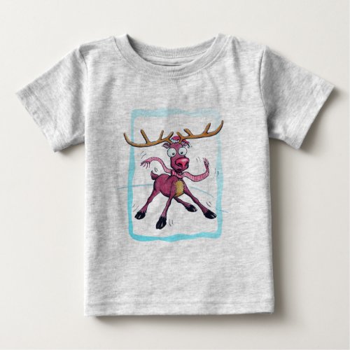 Cute Deer on ice Funny Christmas holidays Cartoon Baby T_Shirt