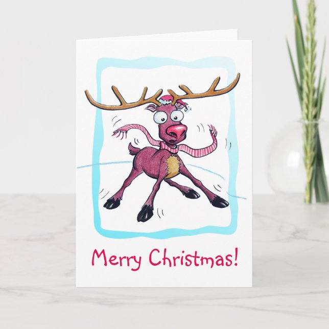 Cute Deer on ice Funny Christmas holidays Cartoon Holiday Card (Front)