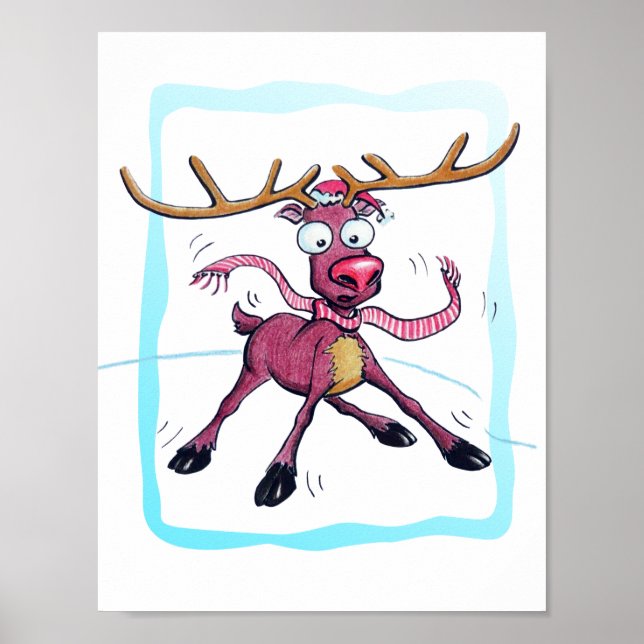 Cute Deer on ice Funny Christmas holidays Cartoon Poster (Front)