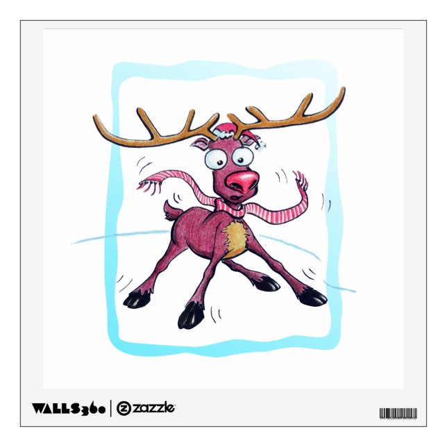 Cute Deer on ice Funny Christmas holidays Cartoon Wall Decal (Front)