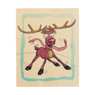 Cute Deer on ice Funny Christmas holidays Cartoon Wood Wall Art