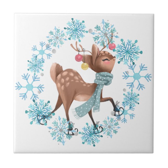 Cute Deer on Skates Snowflake Wreath Ceramic Tile (Front)