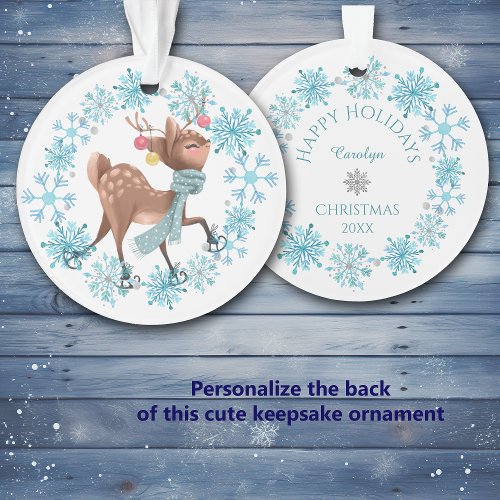 Cute Deer on Skates Snowflake Wreath Ornament