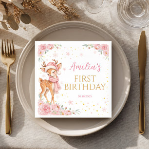 Cute Deer Onedeerful Pink Floral Winter Birthday Napkins