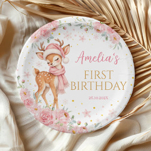 Cute Deer Onedeerful Pink Floral Winter Birthday Paper Plates