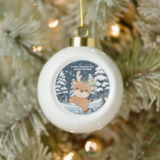 Cute Deer Personalized Baby's First Ceramic Ball Christmas Ornament (Tree)