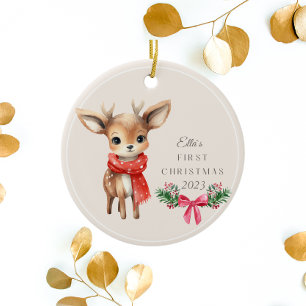 Cute Deer Personalized Kid`s First Christmas Ceramic Ornament