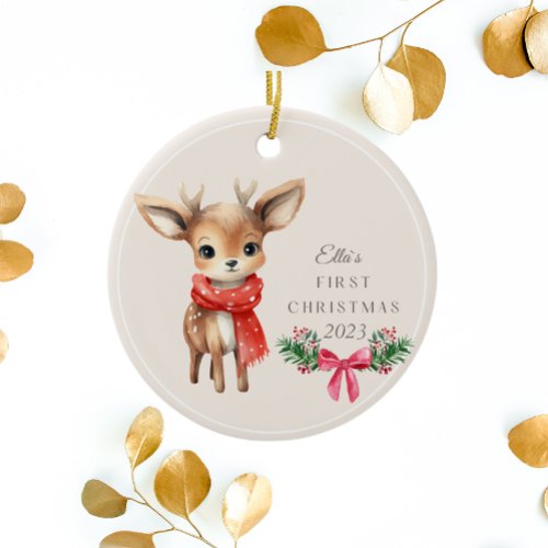 Cute Deer Personalized Kids First Christmas  Ceramic Ornament