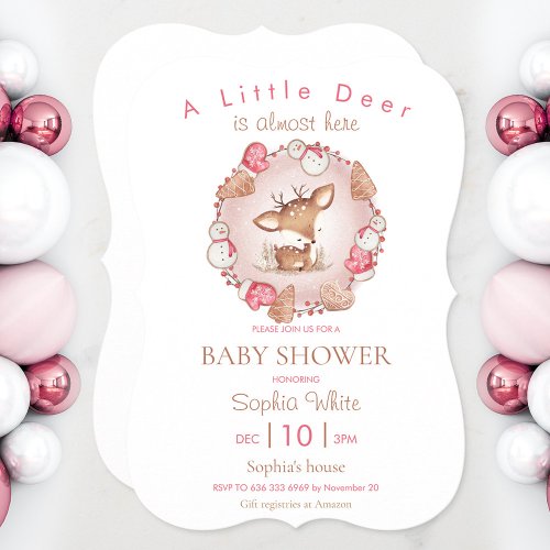 Cute Deer Pink Christmas Baby Shower Invitation
