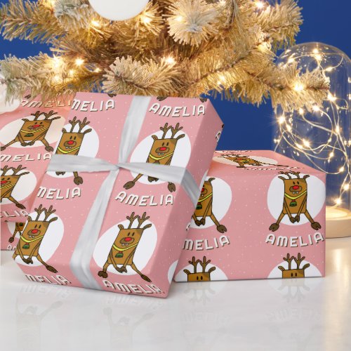 Cute Deer Pink Christmas Kids Name  Wrapping Paper