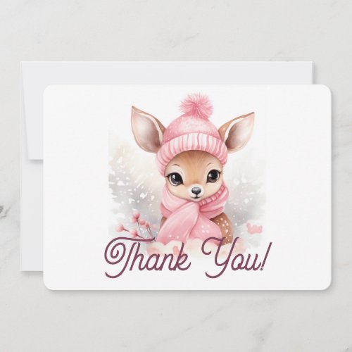 Cute Deer Pink Hat Scarf Winter Wonderland Baby  Thank You Card