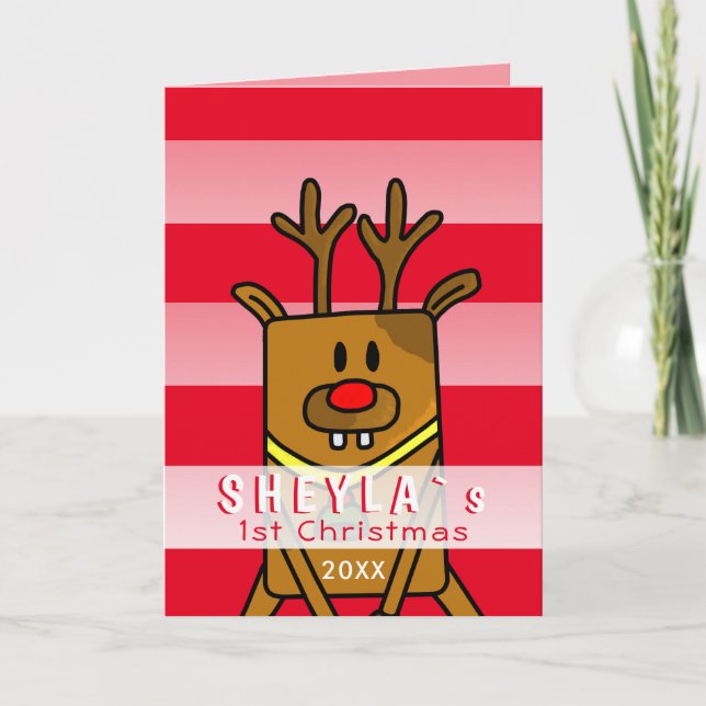 Cute Deer Pink Red Baby`s First Christmas Card (Front)