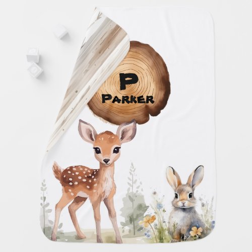 Cute Deer Rabbit Woodland Animals Monogram Baby Blanket
