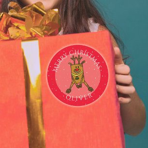 Cute Deer Red Christmas Kid`s Name Gift Tag