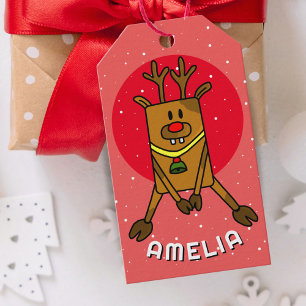 Cute Deer Red Christmas Kid`s Name Gift Tags