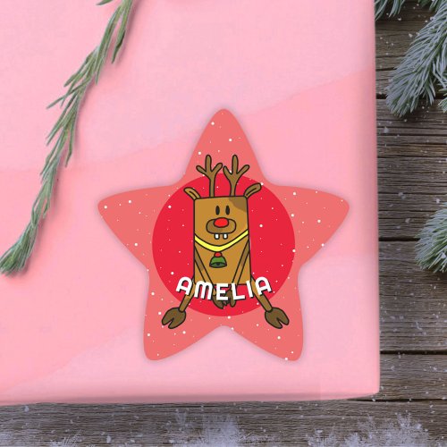 Cute Deer Red Christmas Kids Name  Star Sticker