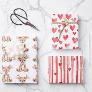 Cute Deer Red Hearts Christmas Wrapping Paper Sheets