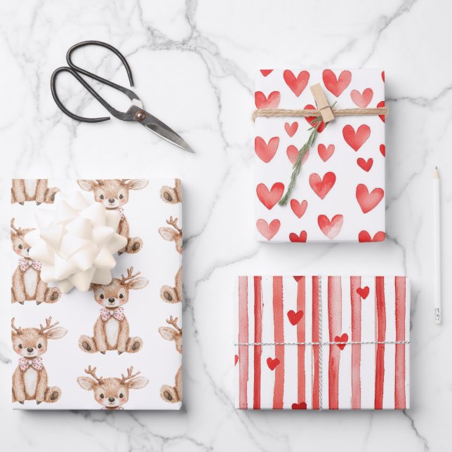 Cute Deer Red Hearts Christmas   Wrapping Paper Sheets (Front)