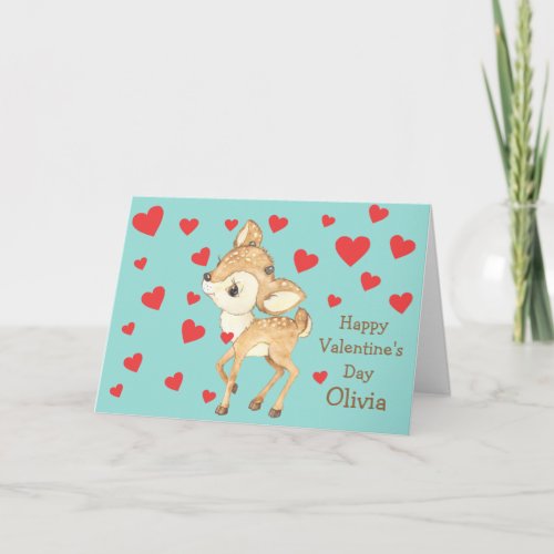 Cute Deer Red Hearts Kids Valentine Holiday Card