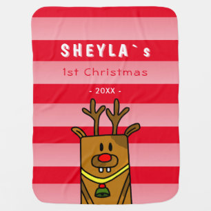 Cute Deer Red Pink Baby`s First Christmas Baby Blanket