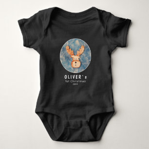 Cute Deer Reindeer Baby`s First Christmas Black Baby Bodysuit