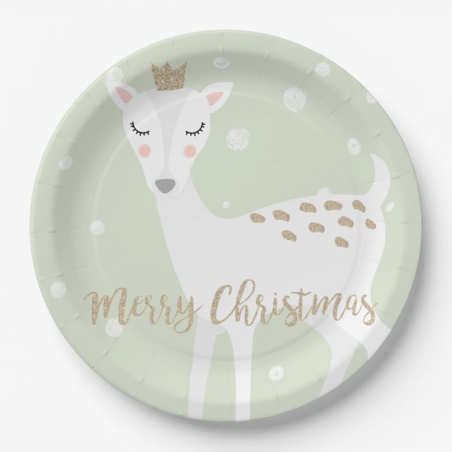 Cute Deer | Sage Green | Christmas Paper Plates (Front)