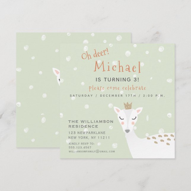 Cute Deer | Sage Green Kids Winter Birthday Invitation (Front/Back)