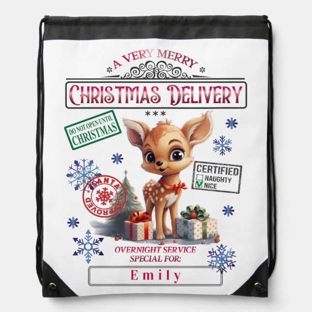 Cute Deer Santa Sack Personalized Drawstring Bag (Front)