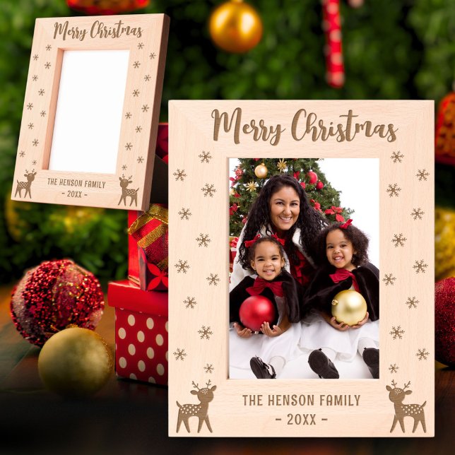 Cute Deer Snowflakes Merry Christmas Family Photo Engraved Frames (Creator Uploaded)