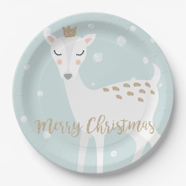 Cute Deer | Soft Blue | Christmas Paper Plates (Front)