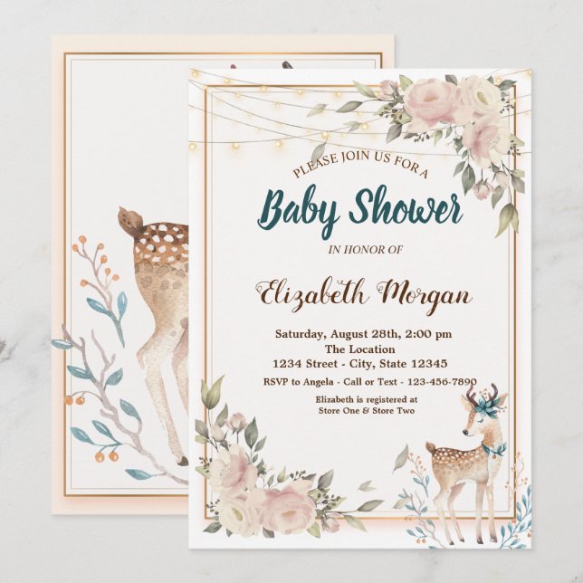 Cute Deer String Lights,Floral Baby Shower    Invitation (Front/Back)