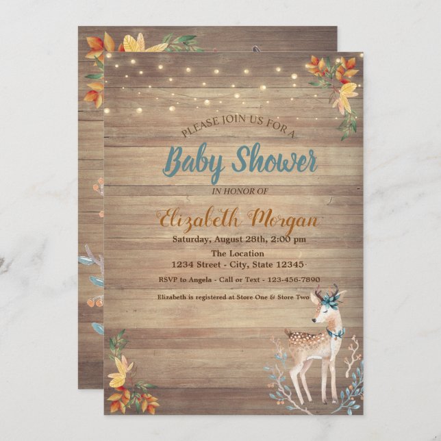 Cute Deer String Lights,Wood Texture Baby Shower  Invitation (Front/Back)